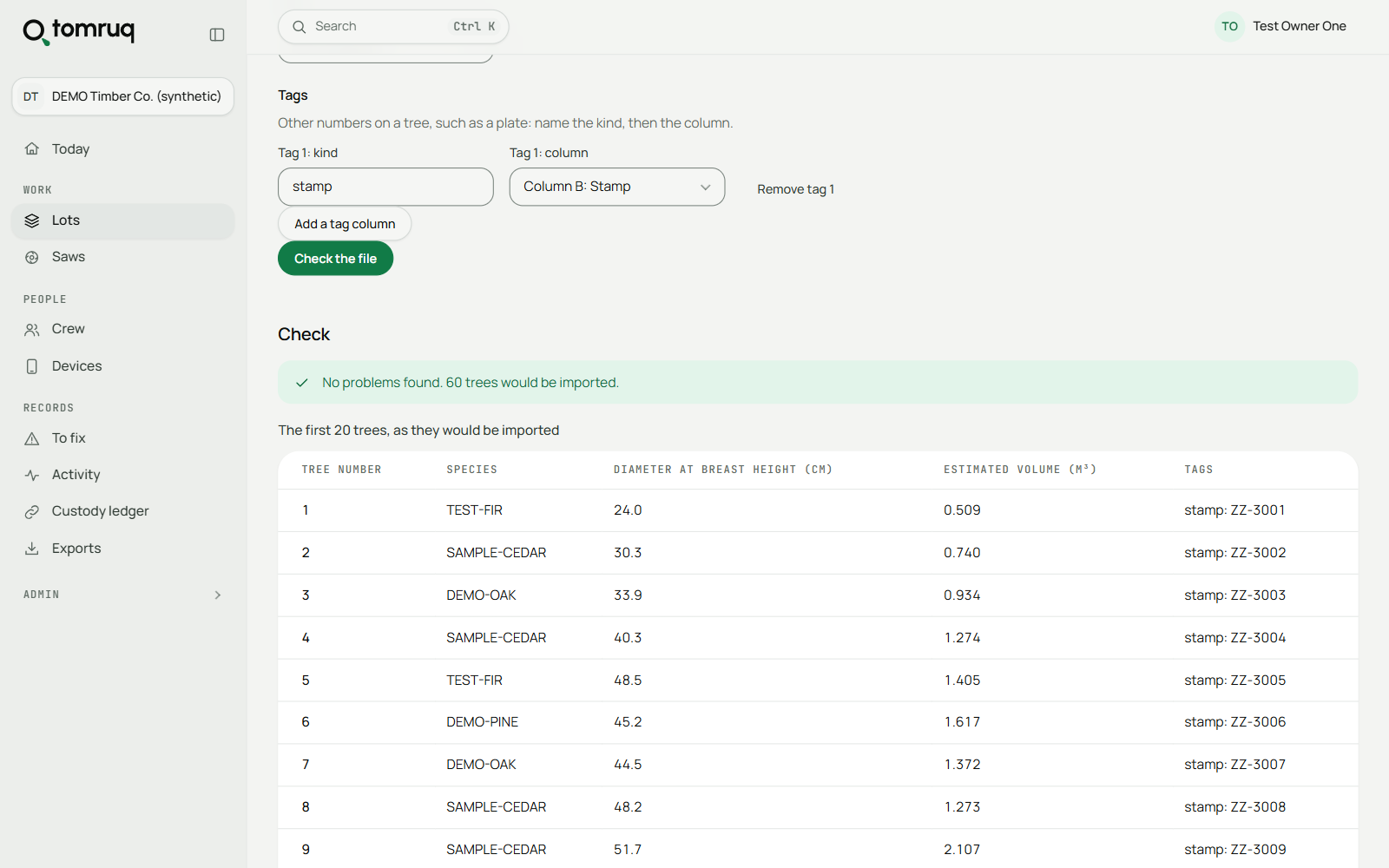 Reviewing a forestry office’s tree list during import in the console.